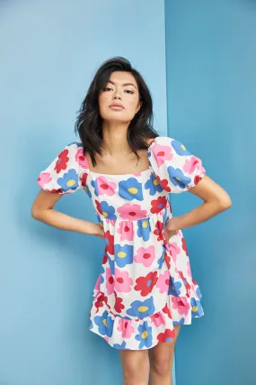 Glamorous Care Bright Large Floral Puff Shoulder Mini Dress