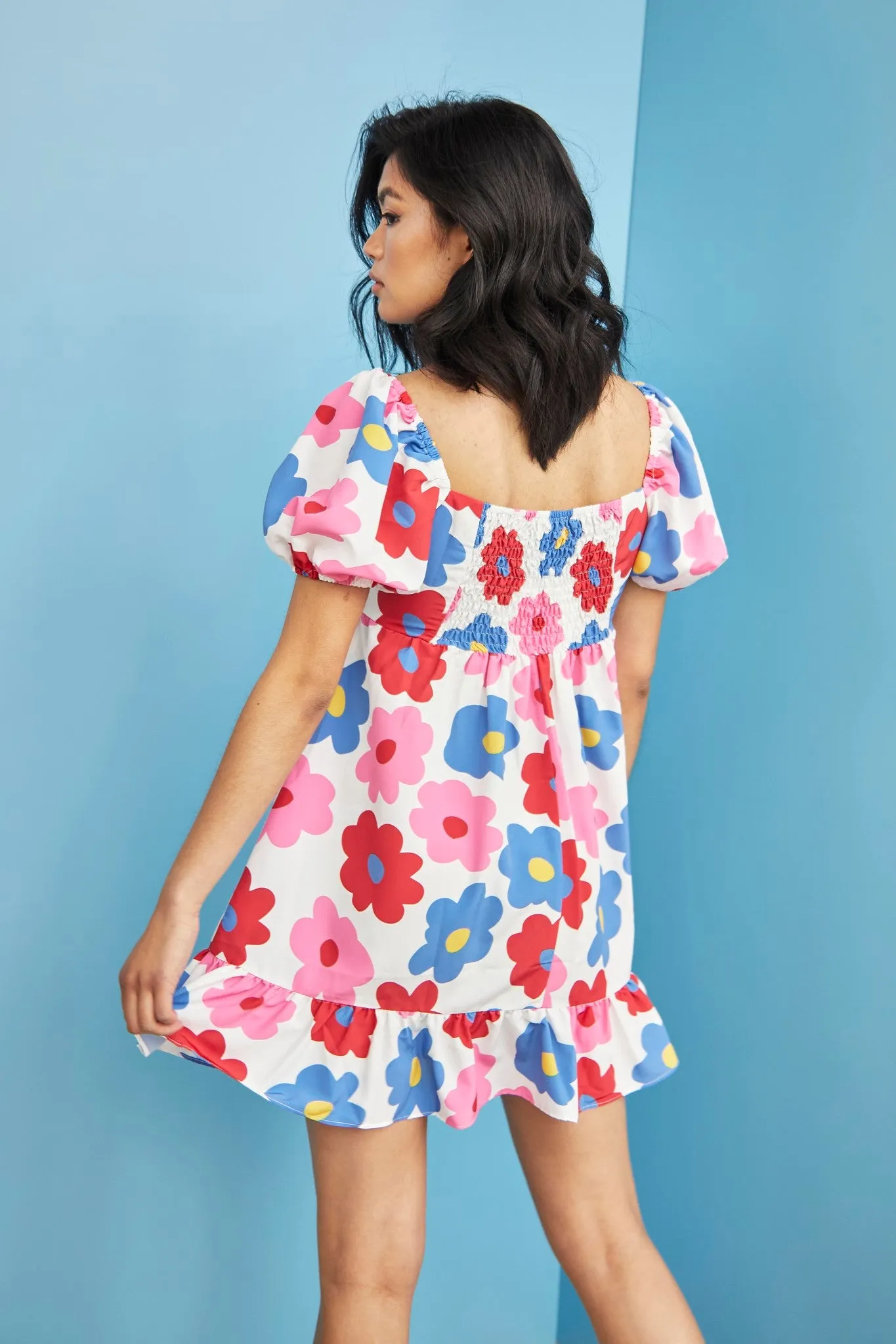 Glamorous Care Bright Large Floral Puff Shoulder Mini Dress