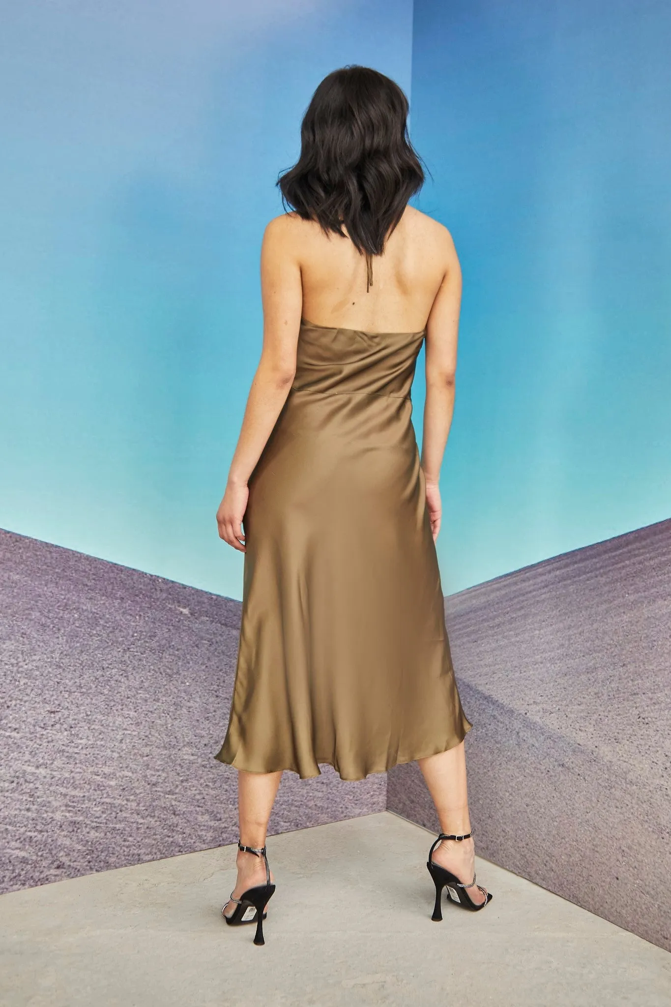 Glamorous Care Khaki Satin Cowl Neck Midi Dress