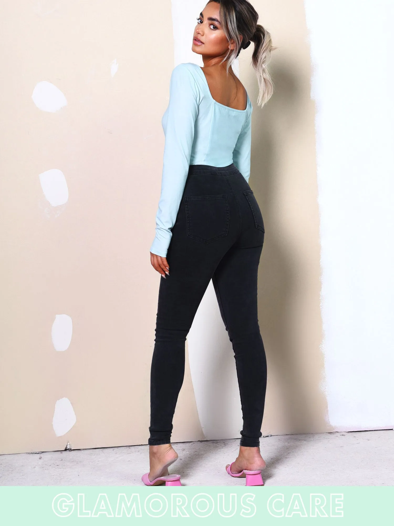 Glamorous Care Light Blue Square Neck Bodysuit