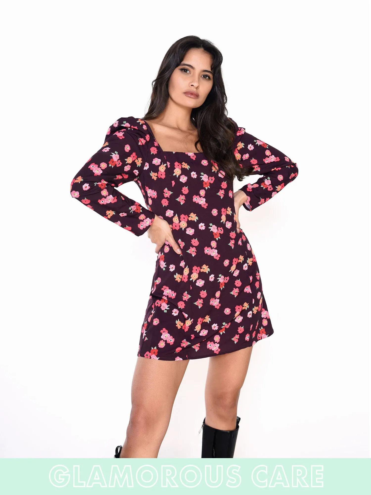 Glamorous Care Plum Watercolour Floral Square Neck Long Sleeve Mini Dress