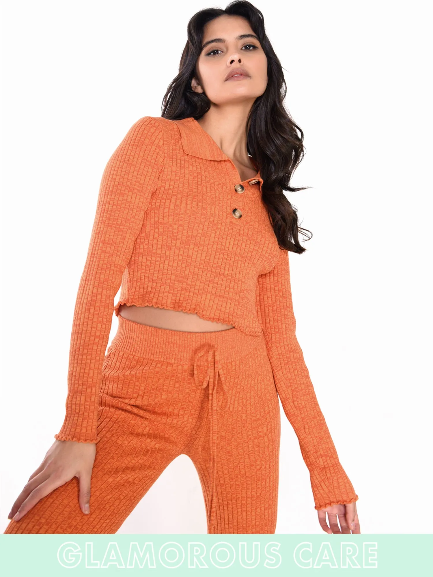 Glamorous Care Rust Melange Button Front Cropped Collar Jumper