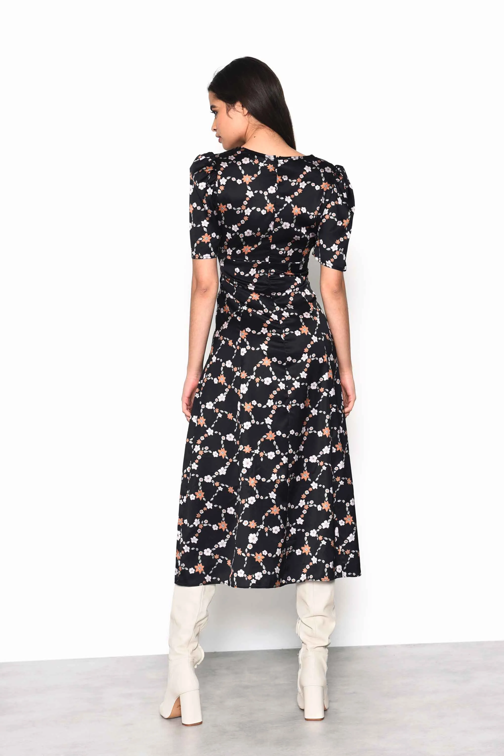 Glamorous Chain Floral Button Down Midi Dress with Plunging Neckline, Gathered Bust Detail and Puff Sleeves