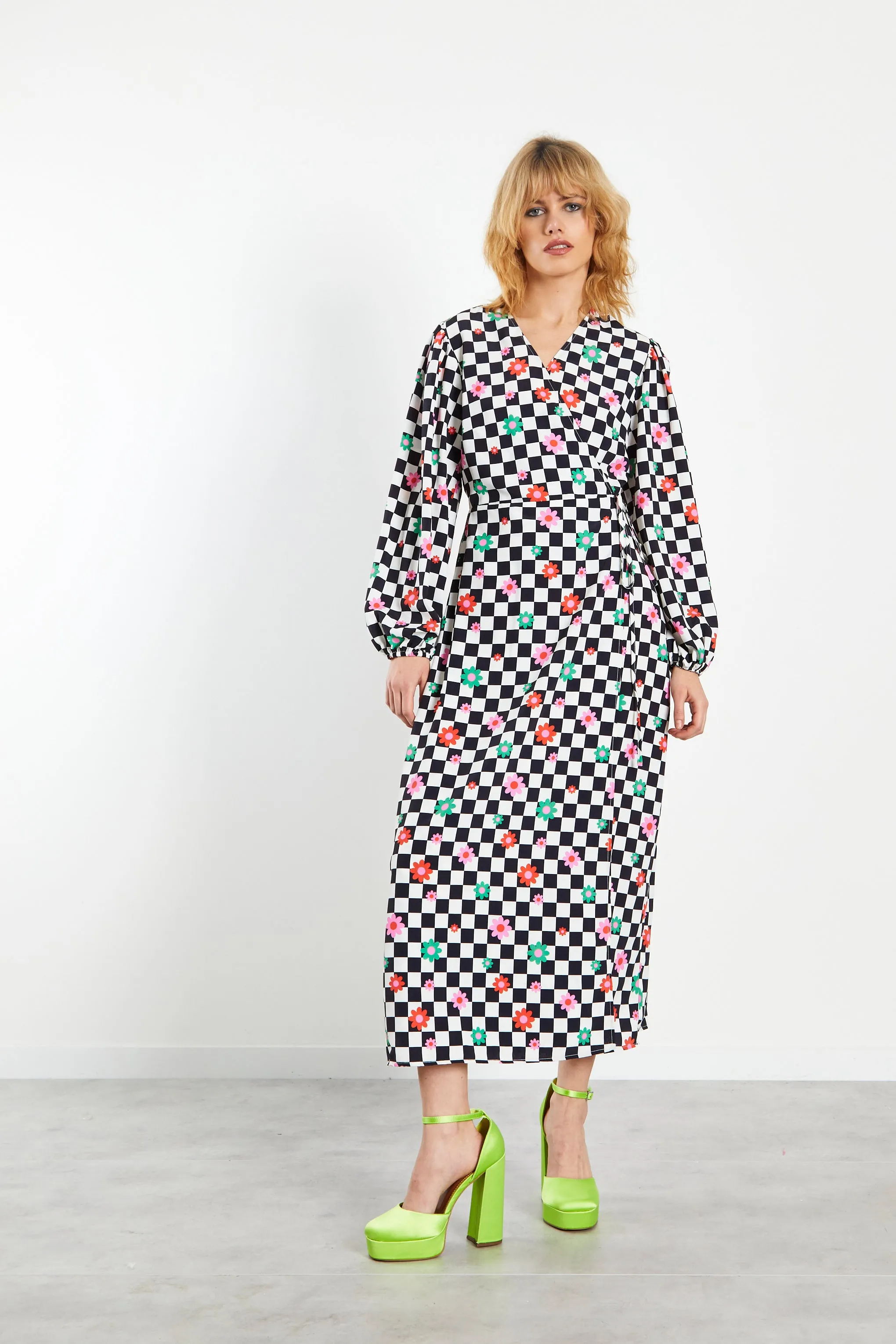 Glamorous Checkboard Flower Long Sleeve Wrap Midi Dress