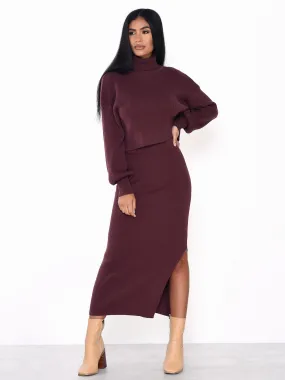 Glamorous Chocolate Plum Side Split Knit Midi Skirt