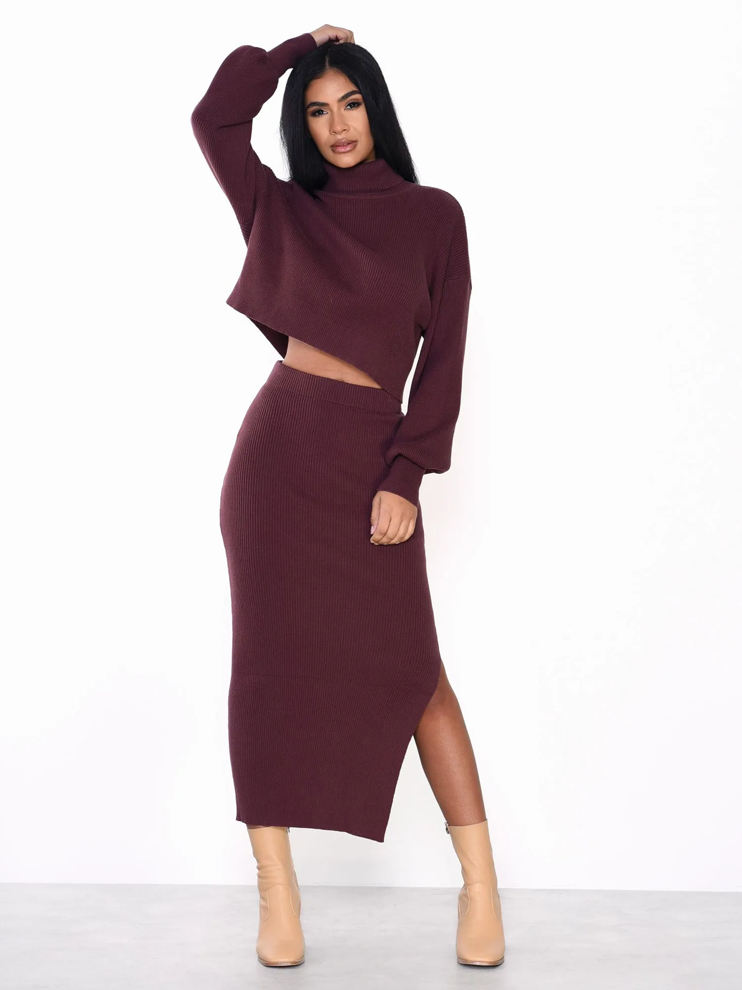 Glamorous Chocolate Plum Side Split Knit Midi Skirt