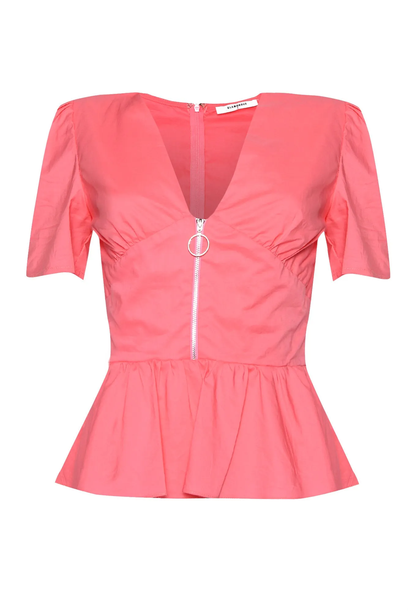 Glamorous Coral Pink Zip Front Peplum Cut Short Sleeve Top