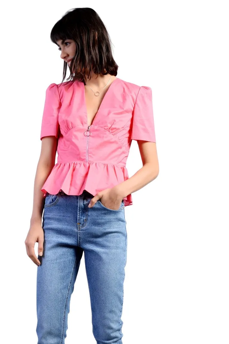 Glamorous Coral Pink Zip Front Peplum Cut Short Sleeve Top