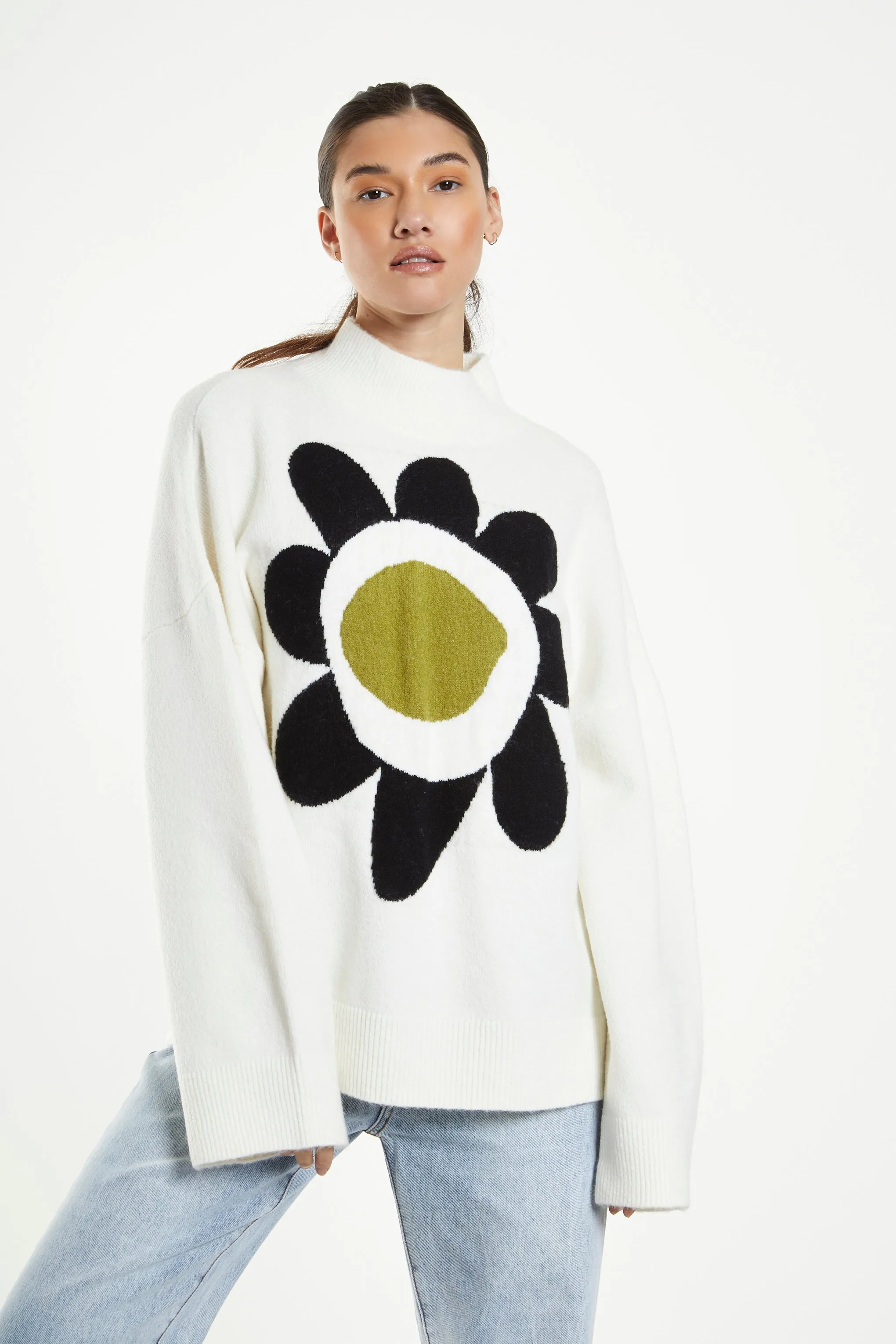 Glamorous Cream Large Flower Knitted Oversized Jumper