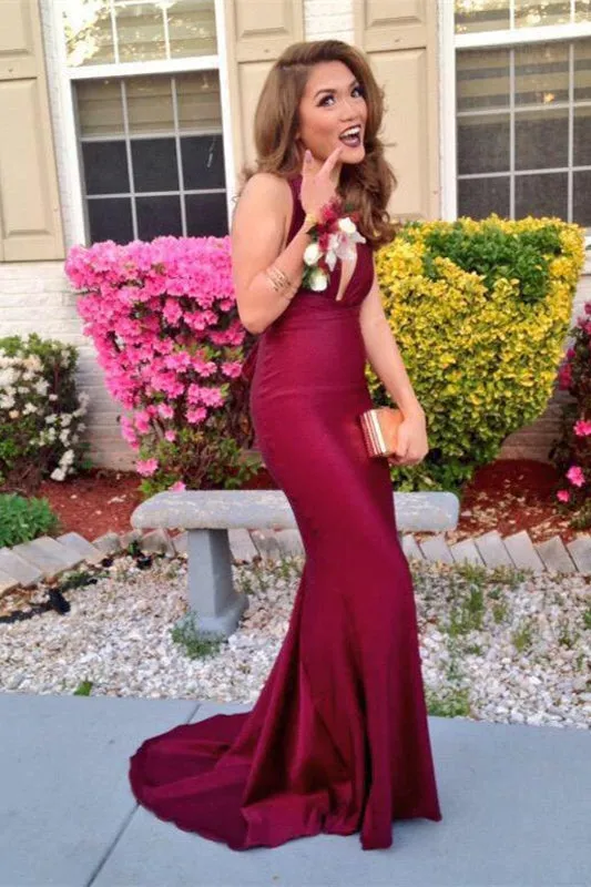 Glamorous Wine Red V-Neck Sleeveless Prom Gown