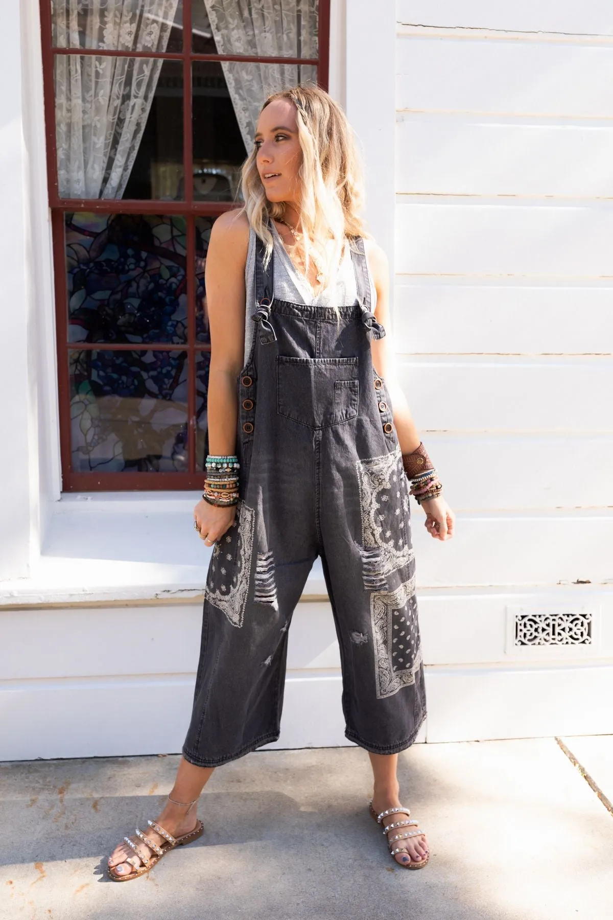 High Hopes Slouchy Denim Overalls - Black Bandana