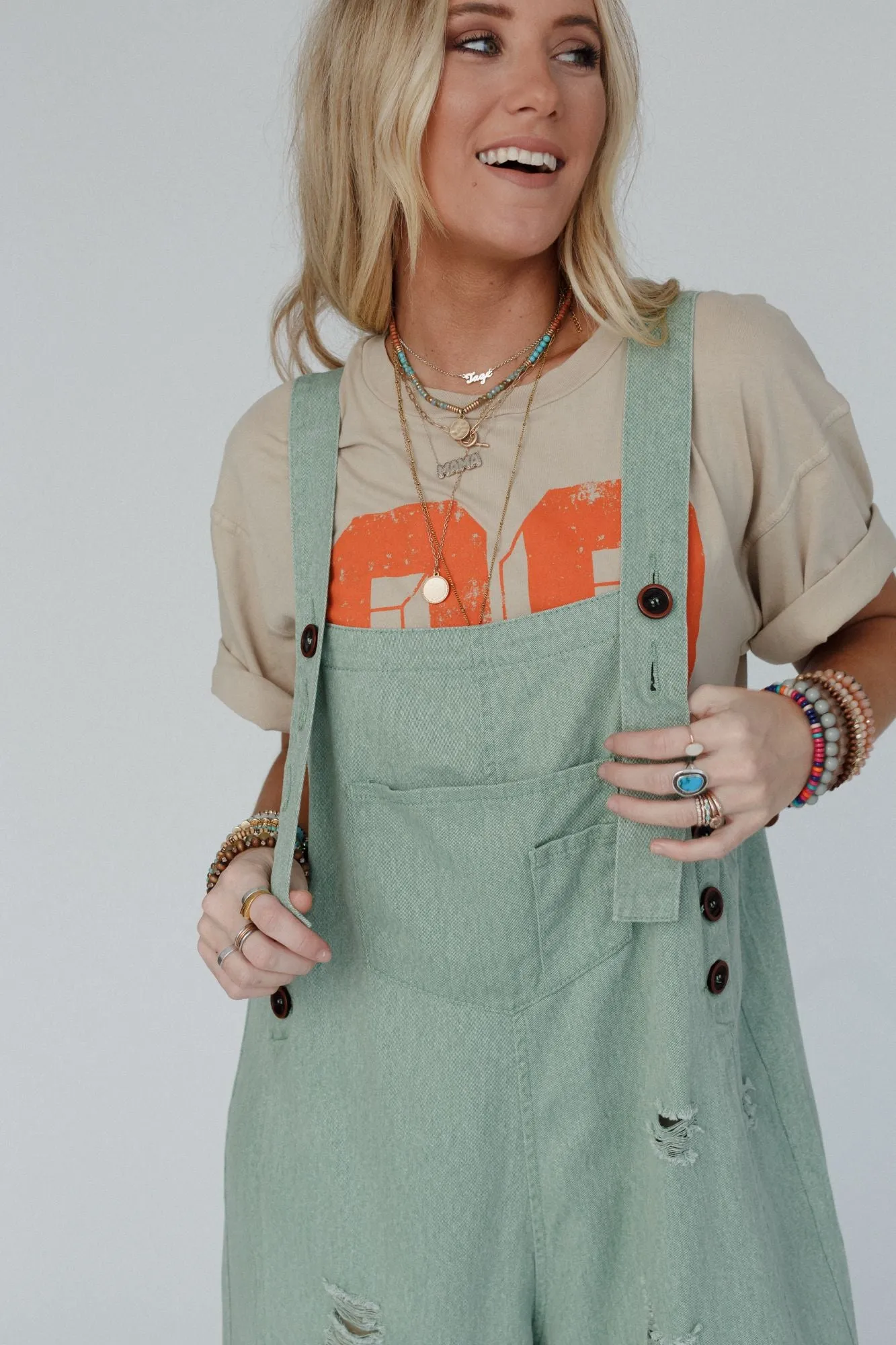 High Hopes Slouchy Denim Overalls - Sage