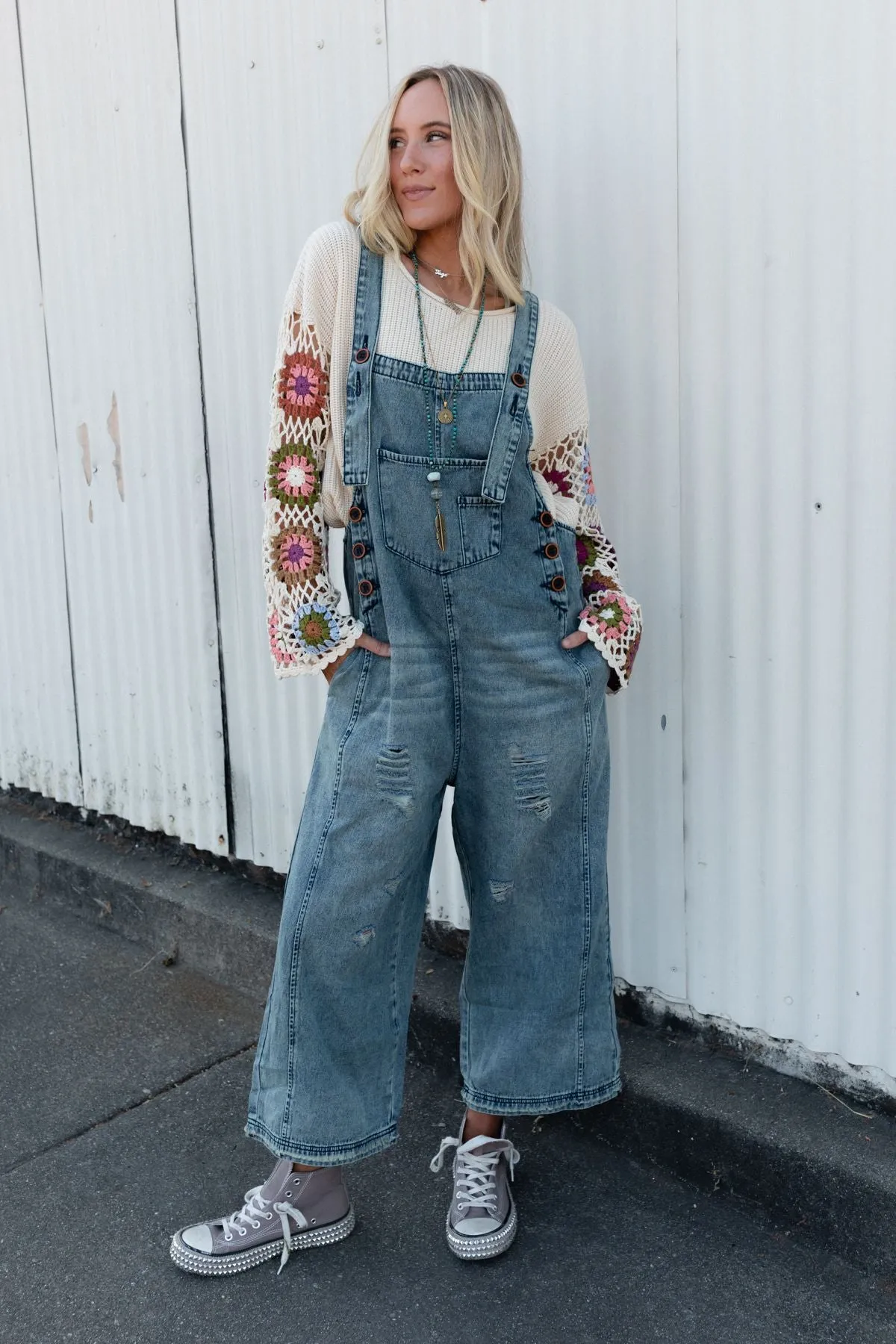 High Hopes Slouchy Pocket Denim Overalls - Blue Pockets