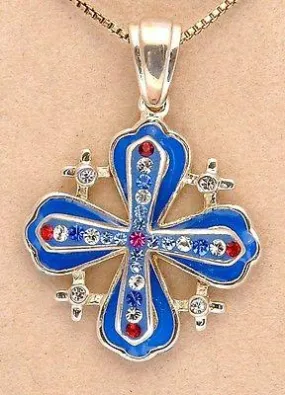 Jerusalem Cross Pendant Mixed colored Blue Gold & Silver W/ Colored Gemstone.