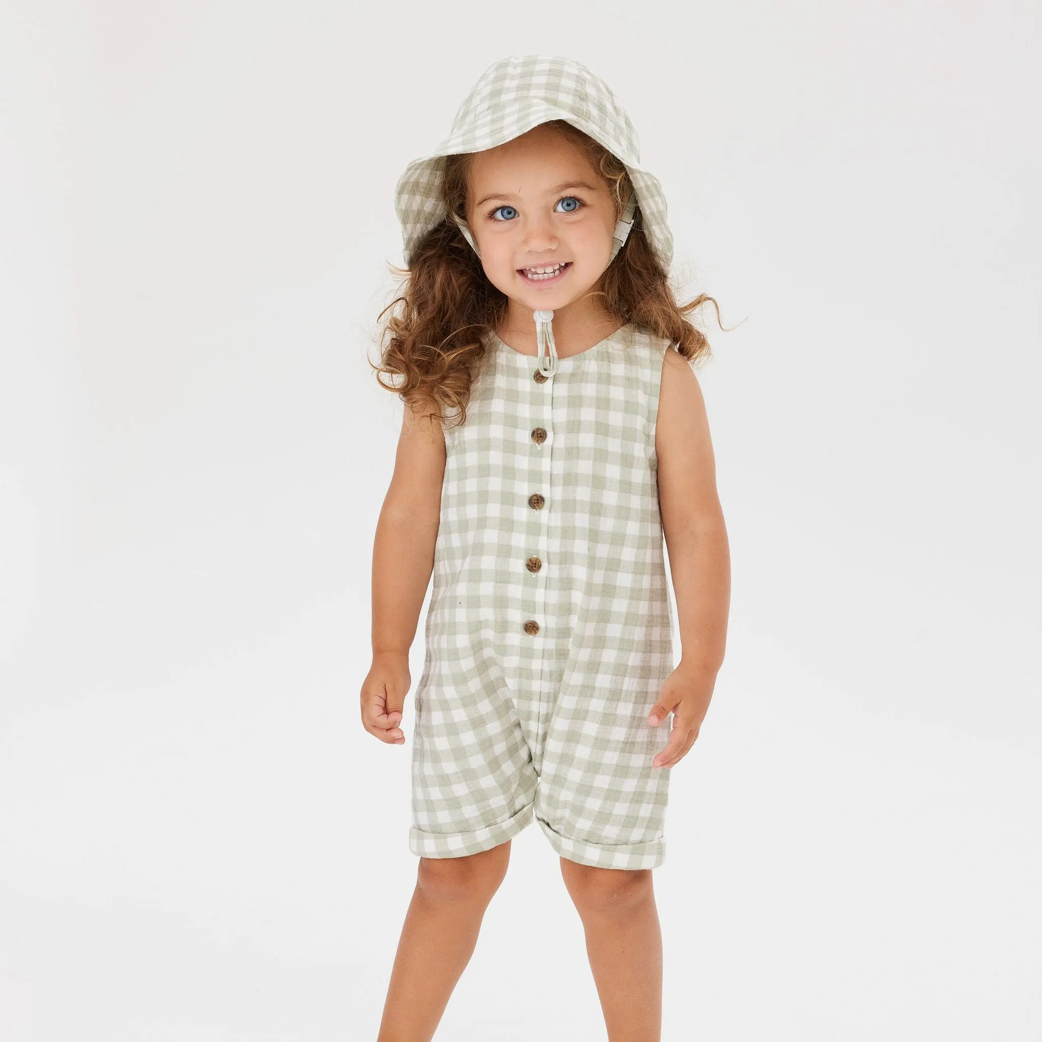 Kyndbaby Slouchy Sleeveless Shortall Sage Gingham