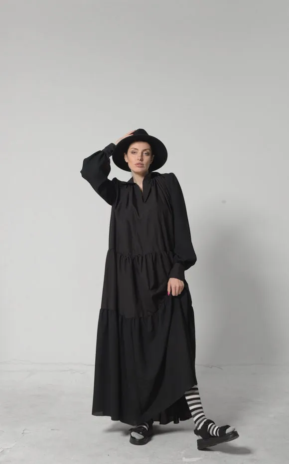 Longsleeve Bohemian Maxi Dress In Black