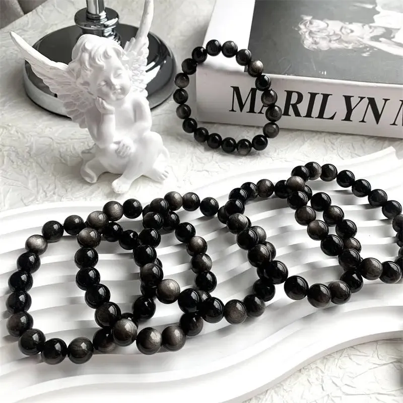 Natural Minimalist Silver Obsidian Bracelet