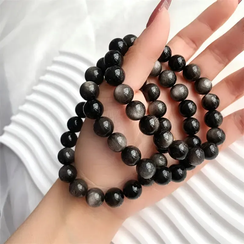 Natural Minimalist Silver Obsidian Bracelet