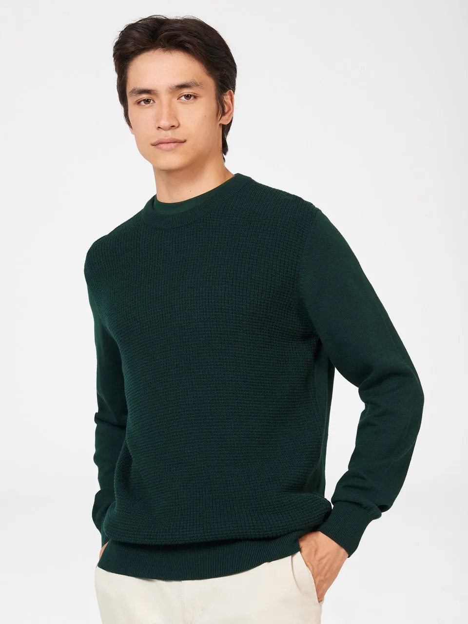 Textured Crewneck Sweater - Dark Green