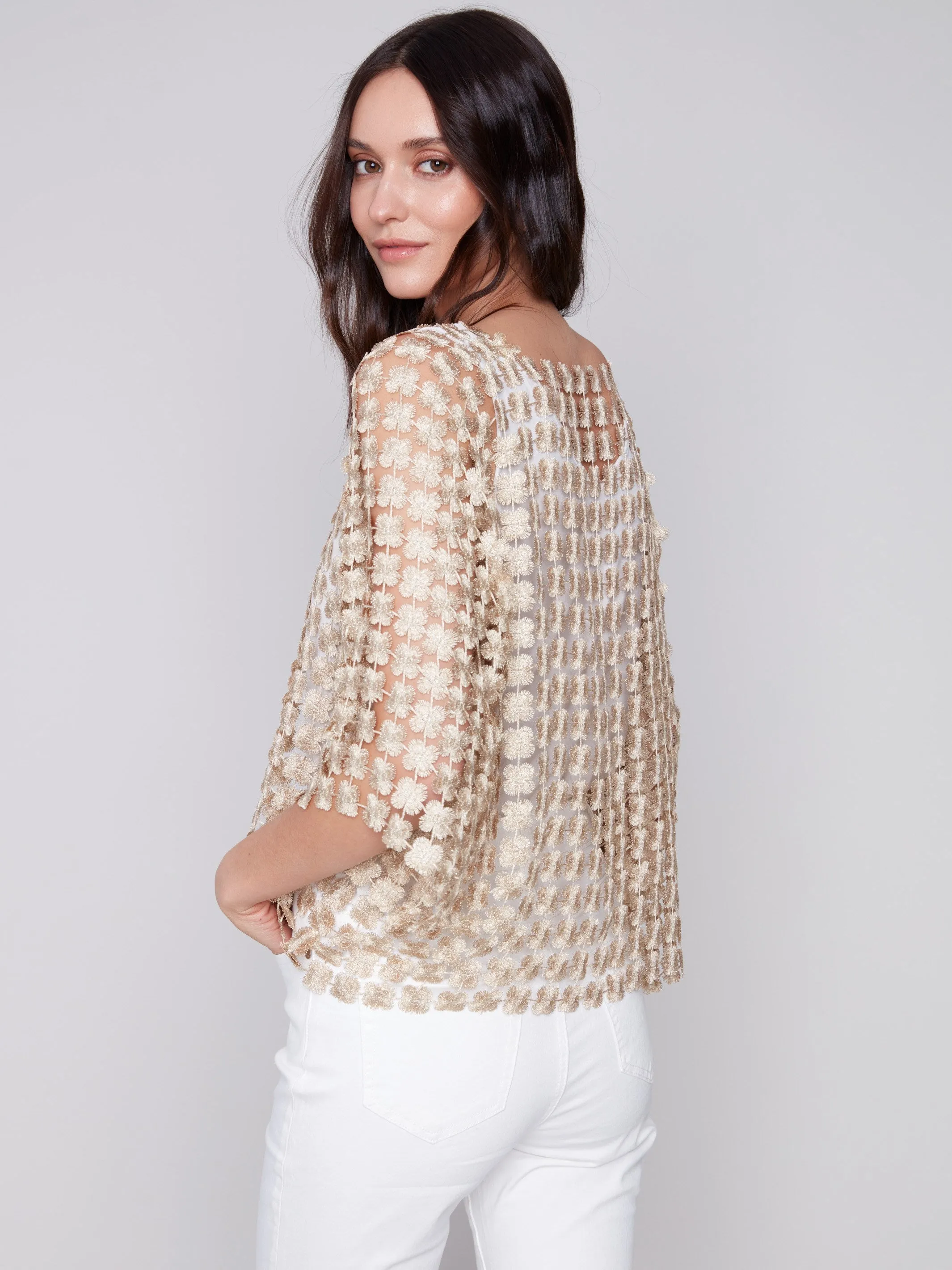 Textured Crochet Flower Top - Gold