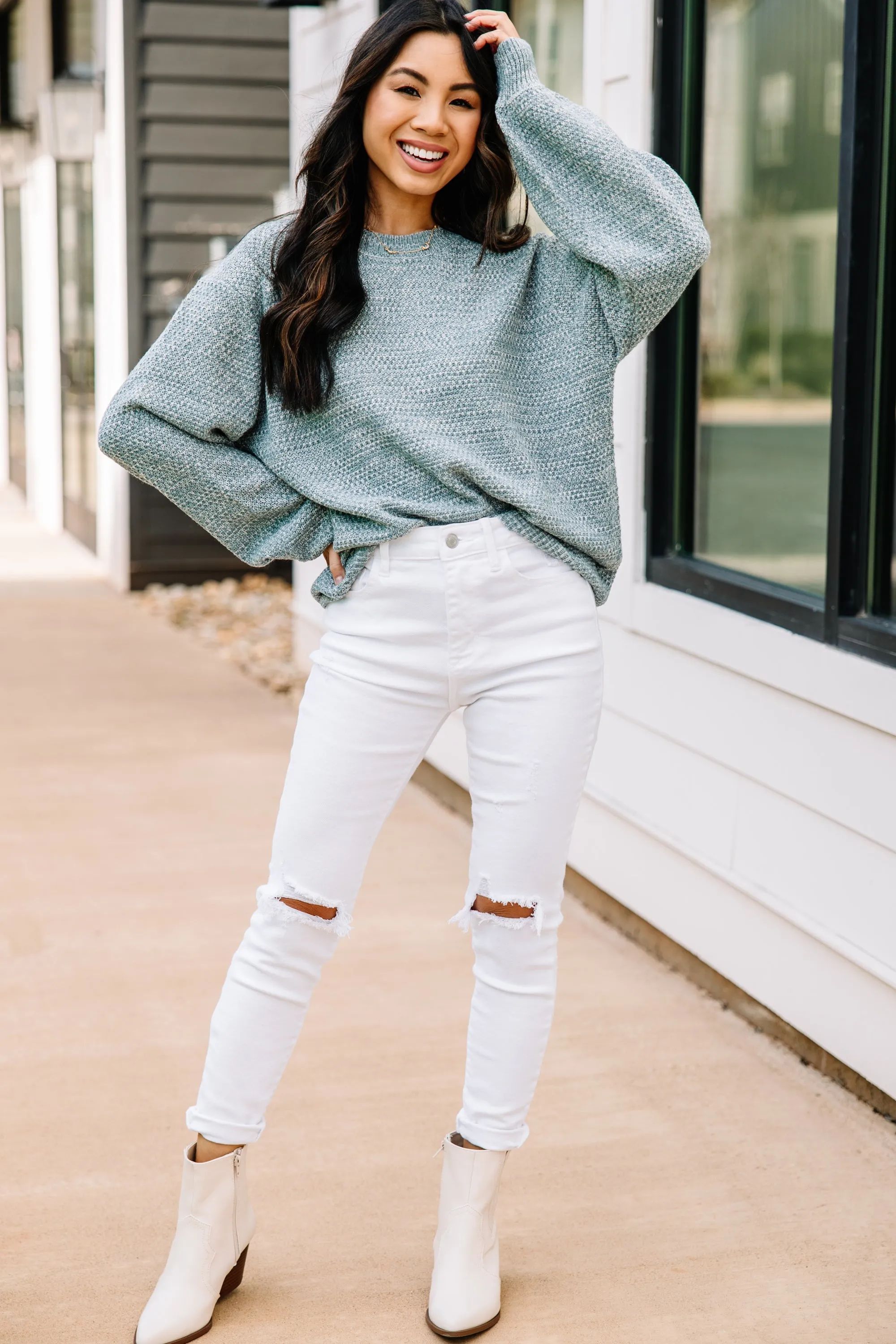 The Slouchy Blue Gray Bubble Sleeve Sweater