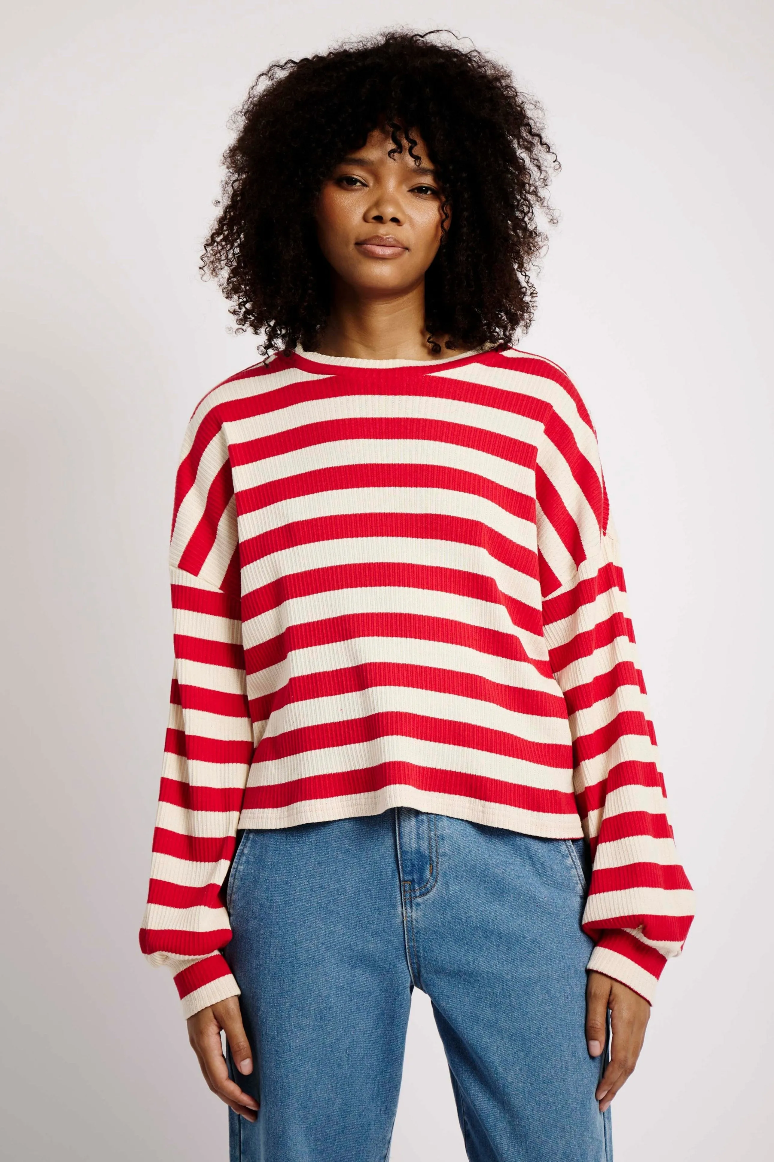 The Slouchy Rib Knit Top in Red and Cream Stripe