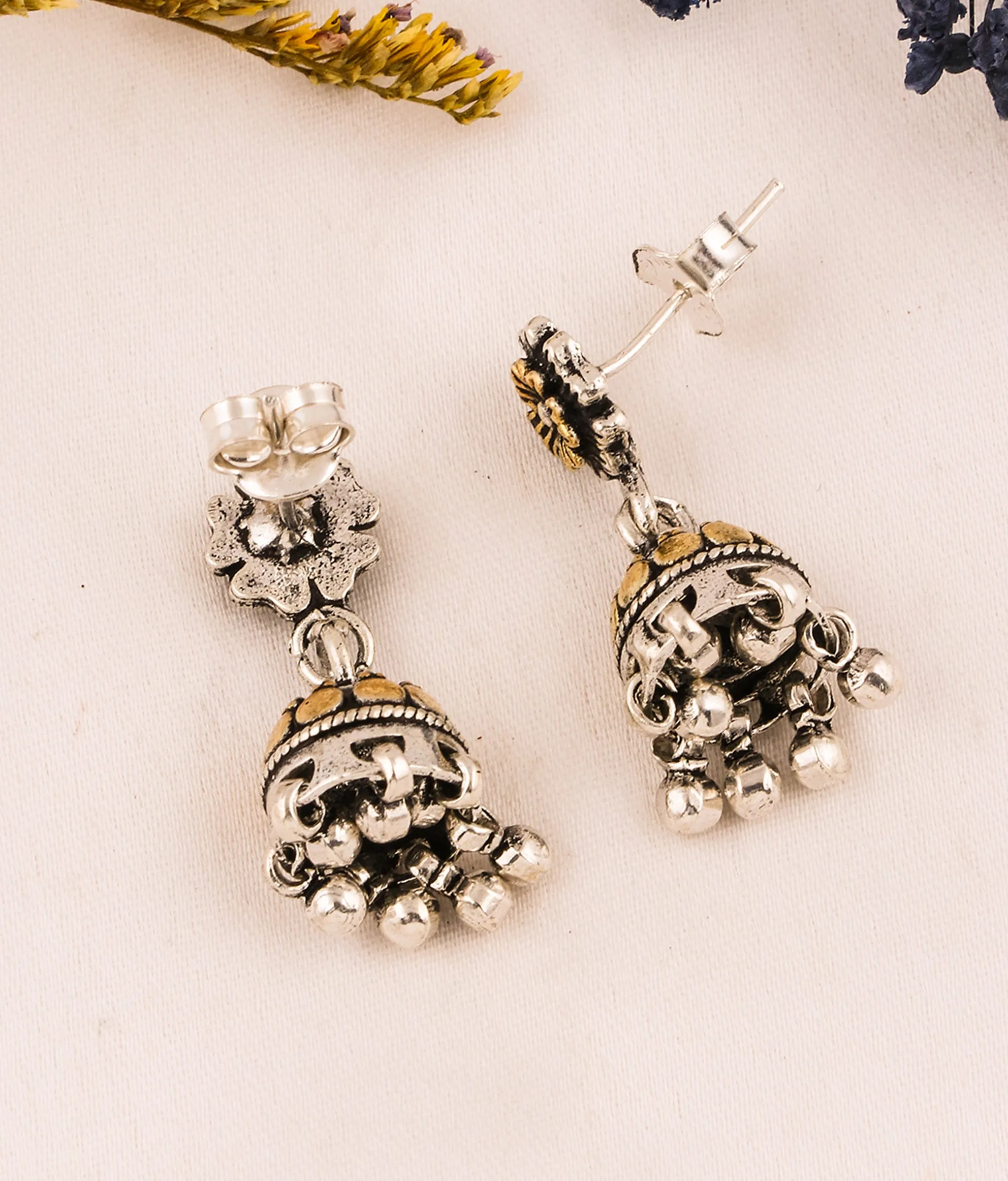 The Trishala Silver Jhumkas (Two tone)